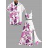 Hawaiian Vacation Couple Outfit Tropical Flower Monstera Leaf Print Lace Hollow Out Slit Dress and Shirt Set - Rose Vif S | US 4