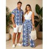 Vacation Couple Outfit Porcelain Mandala Print Button Up Shirt and Pocket Belt Wide Leg Pants Set - Bleu S | US 4