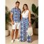Vacation Couple Outfit Porcelain Mandala Print Button Up Shirt and Pocket Belt Wide Leg Pants Set - Bleu S | US 4