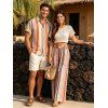 Bohemian Vacation Couple Outfit Arrow Geometric Striped Print Button Up Shirt and Belt Pocket Wide Leg Pants Set - Orange S | US 4