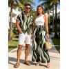 Vacation Couple Outfit Wavy Abstract Geometric Print Button Up Shirt Pocket Belt Wide Leg Pants Set - Vert clair S | US 4