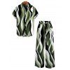 Vacation Couple Outfit Wavy Abstract Geometric Print Button Up Shirt Pocket Belt Wide Leg Pants Set - Vert clair S | US 4