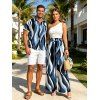 Vacation Couple Outfit Wavy Abstract Geometric Print Button Up Shirt Pocket Belt Wide Leg Pants Set - Bleu gris S | US 4