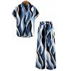 Vacation Couple Outfit Wavy Abstract Geometric Print Button Up Shirt Pocket Belt Wide Leg Pants Set - Bleu gris S | US 4