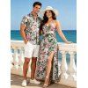 Vacation Couple Outfit Hibiscus Floral Palm Leaf Print Twisted Cut Out Slit Halter Dress and Shirt Set - Rose clair S | US 4