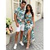 Vacation Couple Outfit Tropical Plant Floral Print Twisted Cut Out Slit Halter Dress and Shirt Set - Turquoise S | US 4
