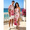 Vacation Couple Outfit Hibiscus Floral Print Twisted Cut Out Slit Halter Dress and Shirt Set - LIGHT PINK S | US 4