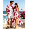 Vacation Couple Outfit Watercolor Hibiscus Floral Print Lace Hollow Out Slit Dress and Shirt Set - HOT PINK S | US 4