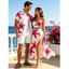 Vacation Couple Outfit Watercolor Hibiscus Floral Print Lace Hollow Out Slit Dress and Shirt Set - HOT PINK S | US 4