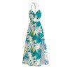 Vacation Halter Dress Tie Dye Abstract Feather Brushstroke Print Twisted Cut Out Slit Dress - Turquoise Foncée XXXXL | US 18