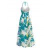 Vacation Halter Dress Tie Dye Abstract Feather Brushstroke Print Twisted Cut Out Slit Dress - Turquoise Foncée XXXXL | US 18