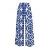 Vacation Pants Porcelain Mandala Print Belt Pocket Wide Leg Pants - Bleu XXL | US 14