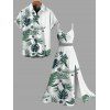 Hawaiian Vacation Couple Outfit Tropical Flower Monstera Leaf Print Lace Hollow Out Slit Dress and Shirt Set - Vert S | US 4