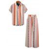 Bohemian Vacation Couple Outfit Arrow Geometric Striped Print Button Up Shirt and Belt Pocket Wide Leg Pants Set - Orange S | US 4