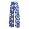 Vacation Couple Outfit Porcelain Mandala Print Button Up Shirt and Pocket Belt Wide Leg Pants Set - Bleu S | US 4