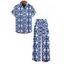 Vacation Couple Outfit Porcelain Mandala Print Button Up Shirt and Pocket Belt Wide Leg Pants Set - Bleu S | US 4