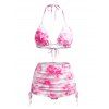 Vacation Beach 3 Pcs Bikini Swimsuit Watercolor Hibiscus Floral Print Cinched Skirt Halter Swimwear Set - Rose XXL | US 14
