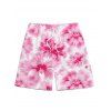 Vacation Couple Outfit Watercolor Hibiscus Floral Print Cinched Skirt Halter 3 Pcs Bikini Swimsuit and Beach Shorts Set - Rose Vif S | US 4