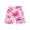 Vacation Couple Outfit Watercolor Hibiscus Floral Print Cinched Skirt Halter 3 Pcs Bikini Swimsuit and Beach Shorts Set - Rose Vif S | US 4