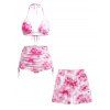 Vacation Couple Outfit Watercolor Hibiscus Floral Print Cinched Skirt Halter 3 Pcs Bikini Swimsuit and Beach Shorts Set - Rose Vif S | US 4