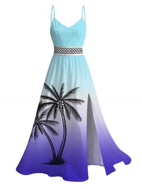 Vacation Dress for Beach Ombre Coconut Tree Print Lace Hollow Out Slit Dress