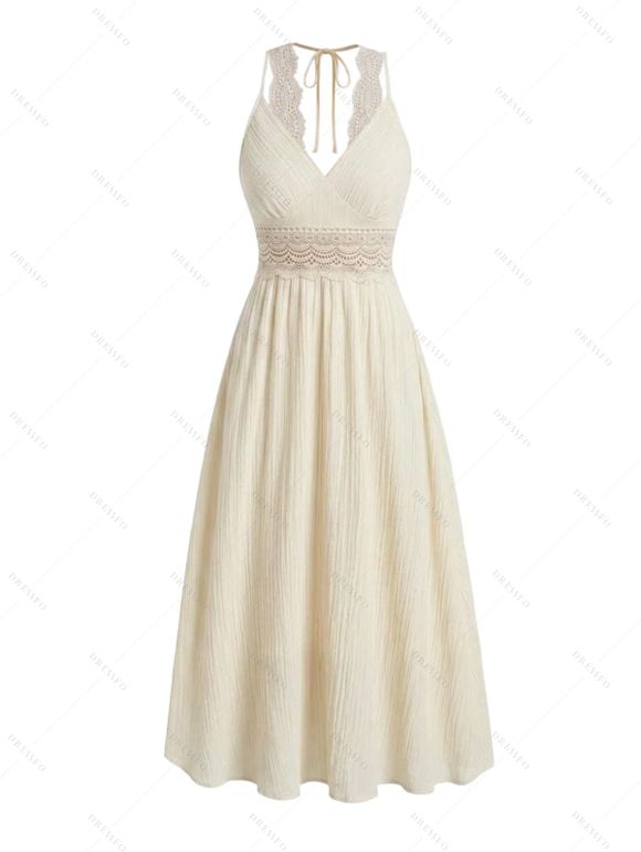 Vacation Dress Solid Color Lace Panel Cut Out Back Tied Spaghetti Strap Maxi Dress - Jaune clair XL | US 12