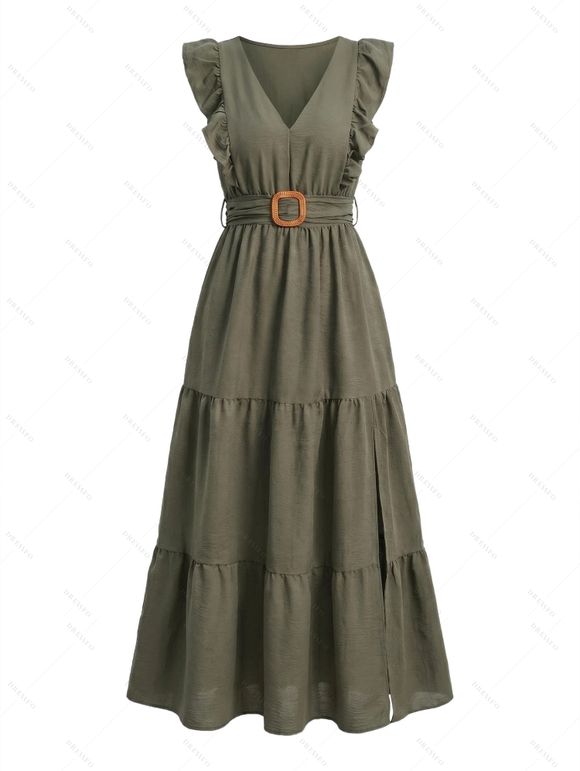 Vintage Dress Solid Color Ruffle Cap Sleeve Tired Maxi Self-belted Slit Dress - PLANT GREEN XL | US 12