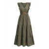 Vintage Dress Solid Color Ruffle Cap Sleeve Tired Maxi Self-belted Slit Dress - PLANT GREEN M | US 6