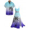 Vacation Couple Outfit Ombre Coconut Tree Print Lace Hollow Out Slit Dress and Shirt Set