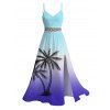 Vacation Dress for Beach Ombre Coconut Tree Print Lace Hollow Out Slit Dress - Bleu clair S | US 4