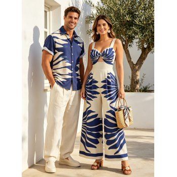 Vacation Couple Outfit Tropical Leaf Silhouette Print Twisted Wide Leg Jumpsuit and Shirt Set
