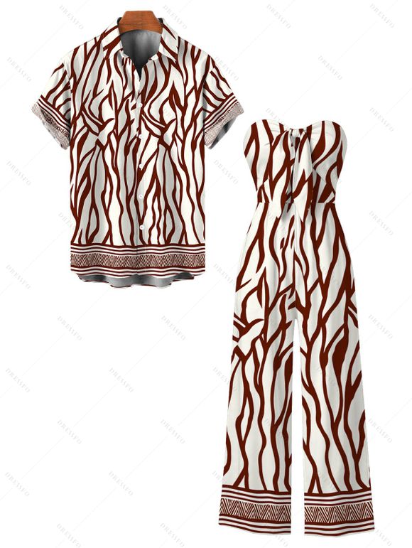 Vacation Couple Outfit Colorblock Ethnic Geometric Wavy Zebra Print Tied Pocket Off the Shoulder Jumpsuit and Shirt Set - WHITE S | US 4