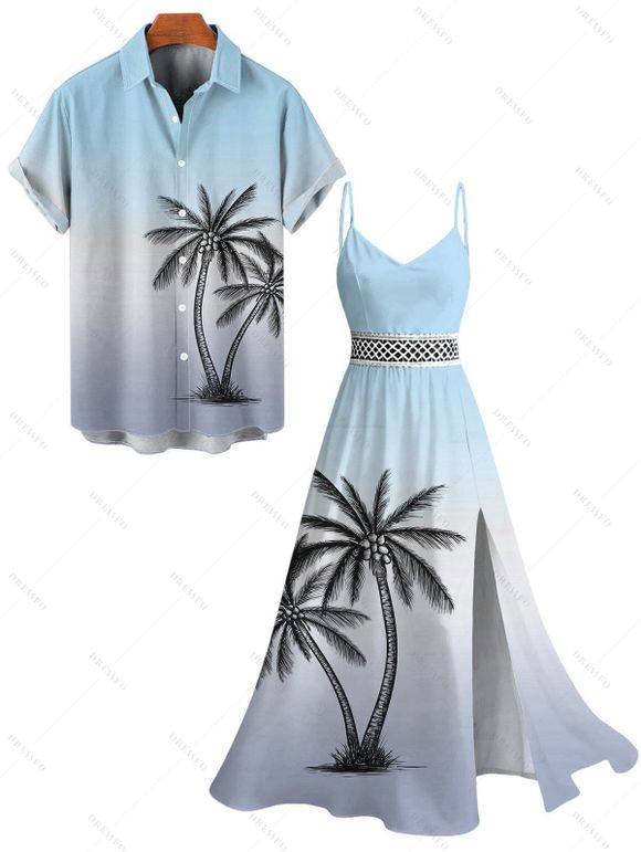 Vacation Couple Outfit Ombre Coconut Tree Print Lace Hollow Out Slit Dress and Shirt Set - Bleu gris S | US 4