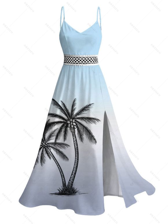 Vacation Couple Outfit Ombre Coconut Tree Print Lace Hollow Out Slit Dress and Shirt Set - Bleu gris S | US 4