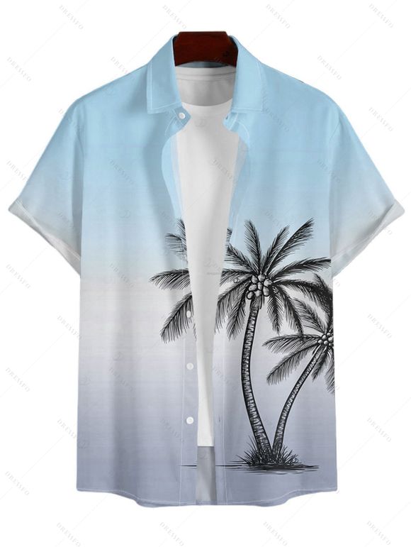 Vacation Couple Outfit Ombre Coconut Tree Print Lace Hollow Out Slit Dress and Shirt Set - Bleu gris S | US 4