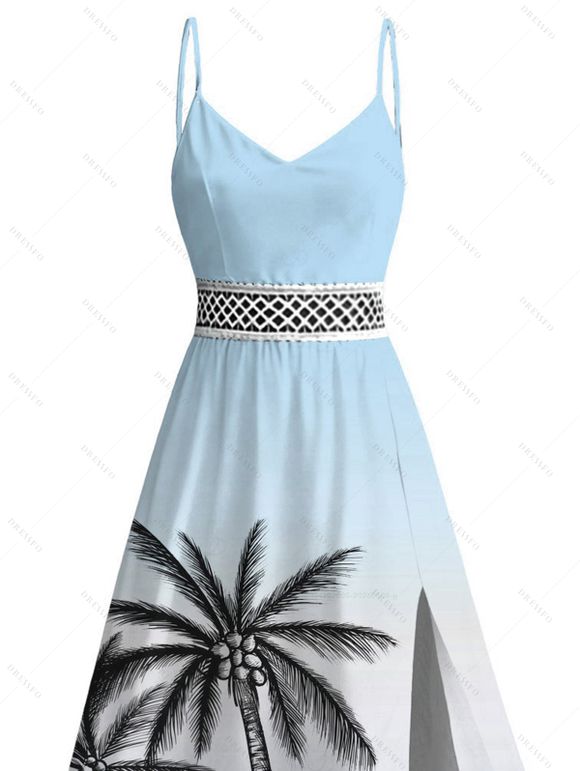 Vacation Dress for Beach Ombre Coconut Tree Print Lace Hollow Out Slit Dress - Bleu gris XXXXXL | US 20
