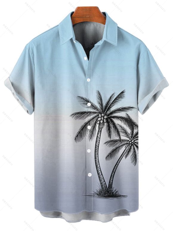 Vacation Couple Outfit Ombre Coconut Tree Print Lace Hollow Out Slit Dress and Shirt Set - Bleu gris S | US 4