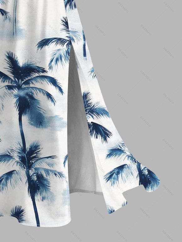 Vacation Dress Ink Painting Coconut Tree Print Lace Hollow Out Spaghetti Strap Slit Dress - Blanc XXXXXL | US 20