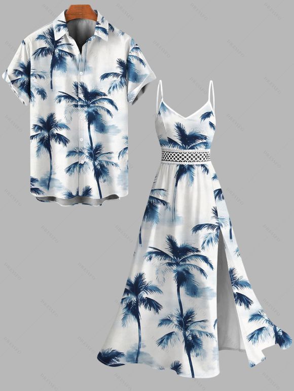 Vacation Hawaiian Couple Outfit Ink Painting Coconut Tree Print Lace Hollow Out Slit Dress and Shirt Set - Blanc S | US 4