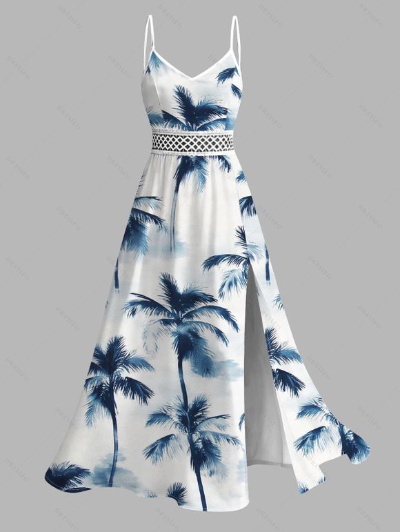 Vacation Hawaiian Couple Outfit Ink Painting Coconut Tree Print Lace Hollow Out Slit Dress and Shirt Set - Blanc S | US 4
