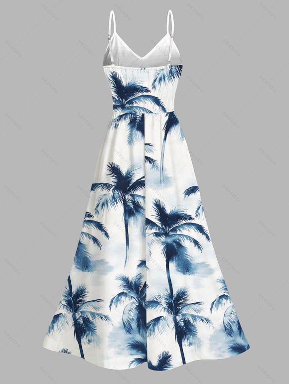 Vacation Hawaiian Couple Outfit Ink Painting Coconut Tree Print Lace Hollow Out Slit Dress and Shirt Set - Blanc S | US 4