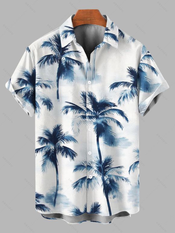 Vacation Hawaiian Couple Outfit Ink Painting Coconut Tree Print Lace Hollow Out Slit Dress and Shirt Set - Blanc S | US 4