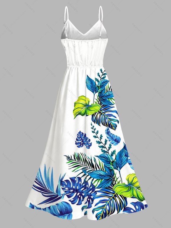 Hawaiian Vacation Dress Monstera Palm Leaf Print Lace Hollow Out Slit Dress - Blanc XXXXXL | US 20
