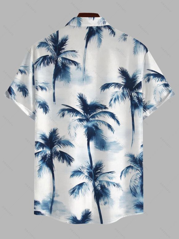 Vacation Hawaiian Couple Outfit Ink Painting Coconut Tree Print Lace Hollow Out Slit Dress and Shirt Set - Blanc S | US 4
