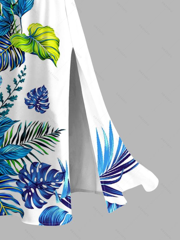 Hawaiian Vacation Dress Monstera Palm Leaf Print Lace Hollow Out Slit Dress - Blanc XXXXXL | US 20