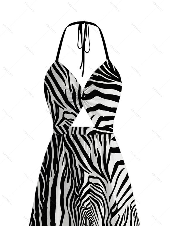 Vacation Haler Dress Monochrome Zebra Animal Print Twisted Cut Out Open Back Slit Dress - Noir XXXXXL | US 20