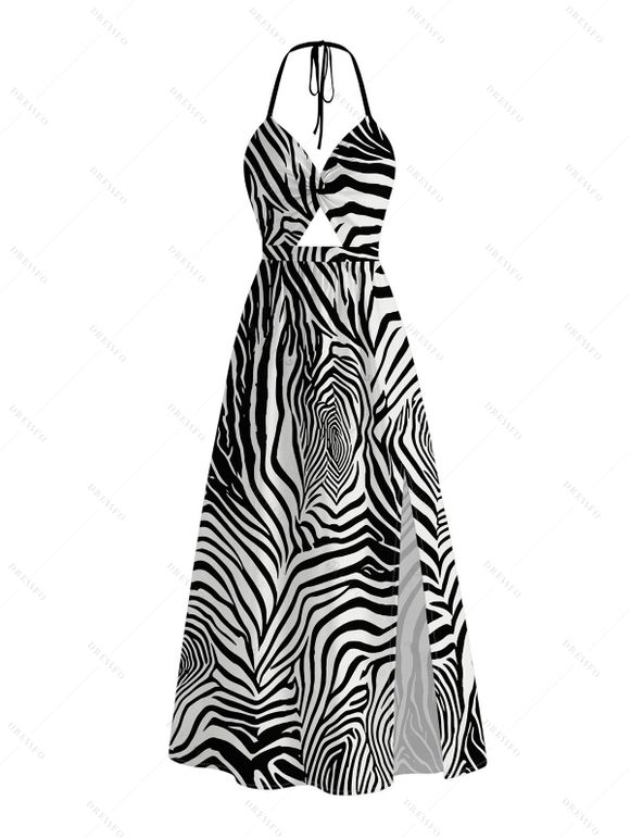 Hawaiian Vacation Couple Outfit Zebra Print Twisted Cut Out Slit Haler Dress and Shirt Set - Noir S | US 4