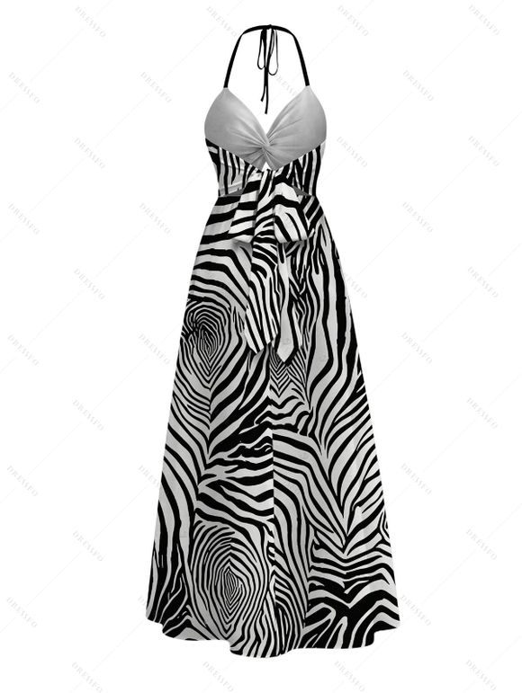 Hawaiian Vacation Couple Outfit Zebra Print Twisted Cut Out Slit Haler Dress and Shirt Set - Noir S | US 4
