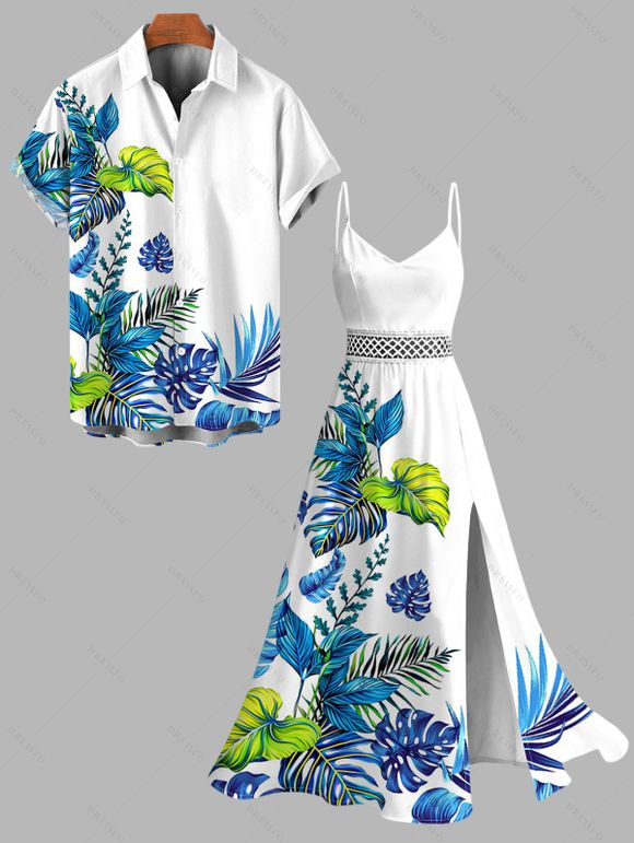 Hawaiian Vacation Couple Outfit Monstera Palm Leaf Print Lace Hollow Out Slit Dress and Shirt Set - Blanc S | US 4