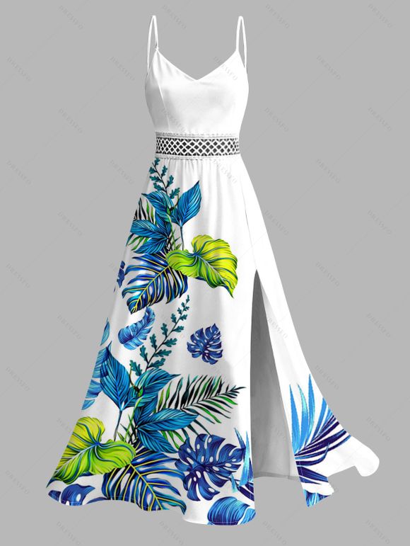 Hawaiian Vacation Couple Outfit Monstera Palm Leaf Print Lace Hollow Out Slit Dress and Shirt Set - Blanc S | US 4